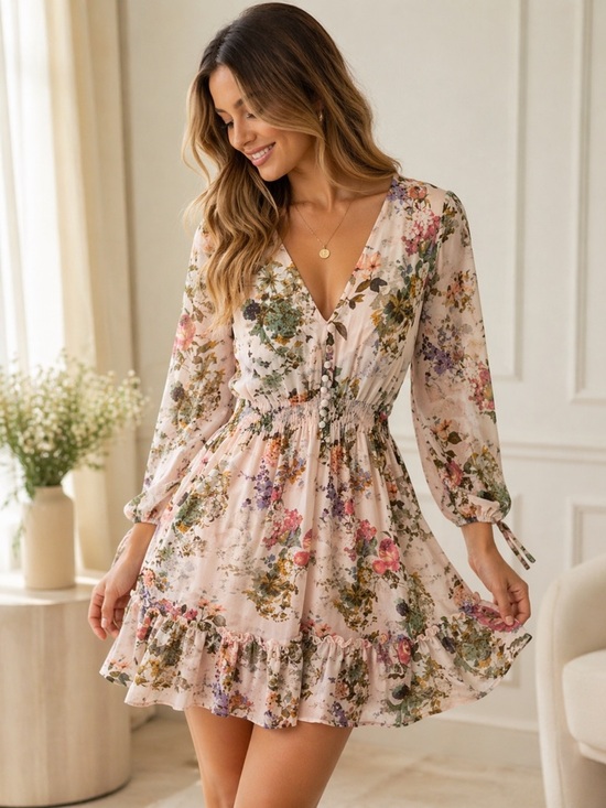 Taylor Dresses & Skirts - Taylor Floral Chiffon V Neck Mini Dress Size 4 Romantic Cottagecore Boho